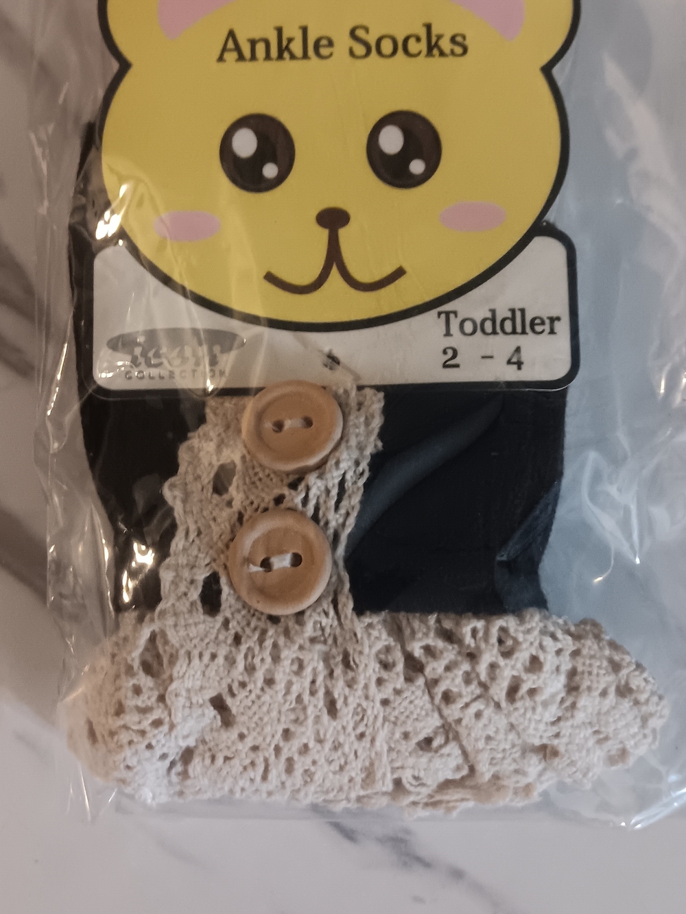 Toddler Girls  Black Socks with Cream Lace Trim and Buttons